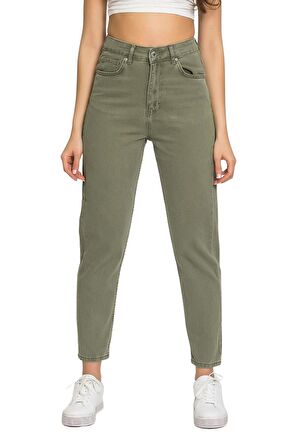 Mercan Yüksek Bel Haki Kadın Mom Jean