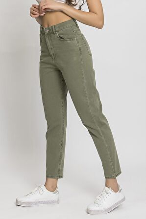 Mercan Yüksek Bel Haki Kadın Mom Jean