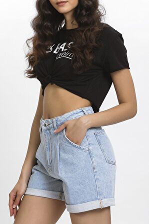 Ice Kot Önü Pileli Yüksek Bel Jean Şort