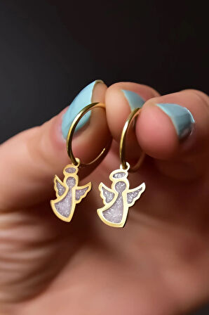 925 Ayar Gümüş Altın Kaplama Parlayan Rüya Serisi Tasarım Beyaz Ebruli Cam Boyalı Melek Küpe