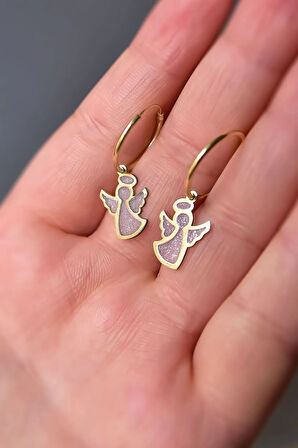 925 Ayar Gümüş Altın Kaplama Parlayan Rüya Serisi Tasarım Beyaz Ebruli Cam Boyalı Melek Küpe