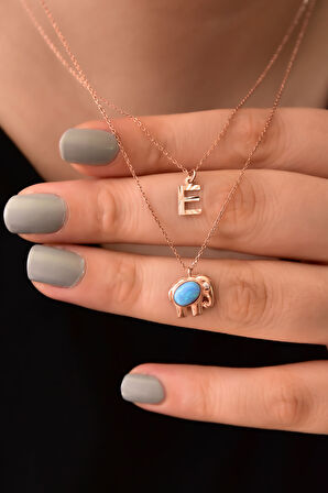 925 Ayar Gümüş Rose Kaplama Harf Ve Opal Taşlı Fil Asansörlü Kolye