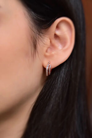 925 Ayar Gümüş Rose Kaplama Çift Kare Halka Baget Taşlı Tamtur Küpe