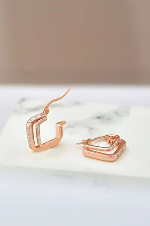 925 Ayar Gümüş Rose Kaplama Çift Kare Halka Baget Taşlı Tamtur Küpe