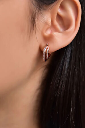 925 Ayar Gümüş Rose Kaplama Çift Kare Halka Baget Taşlı Tamtur Küpe