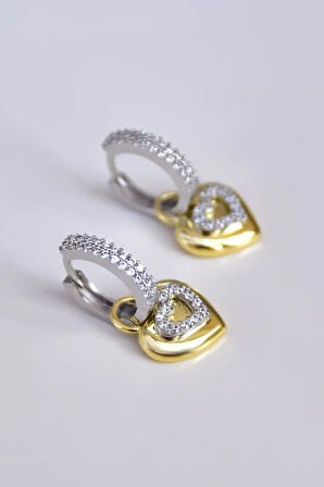 925 Ayar Gümüş Gold-rodyum Kaplama Zirkon Taşlı Tasarım Kalp Halka Küpe