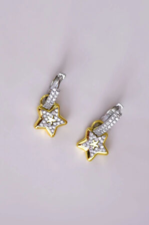 925 Ayar Gümüş Gold-rodyum Kaplama Zirkon Taşlı Tasarım Yıldız Halka Küpe