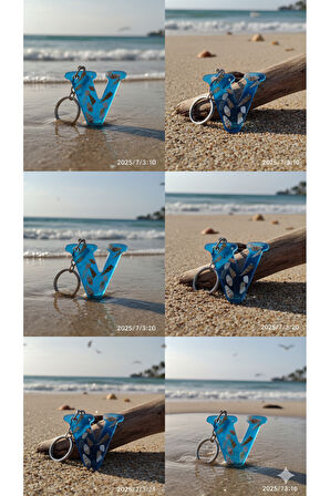 "V" HARFİ - Açık Mavi Deniz Epoksi Harf Anahtarlık – Gerçek Deniz Kabuğu, El Yapımı, Benzersiz