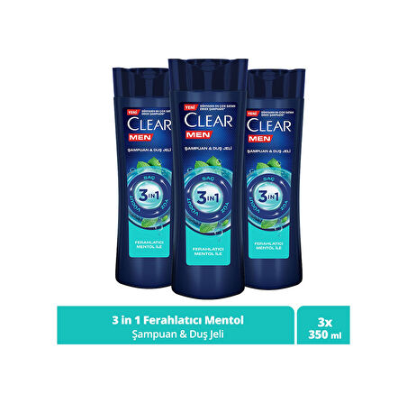 Clear Men Ferahlatıcı Mentol Etkisi 3 in 1 Şampuan & Duş Jeli 3 x 350 ML