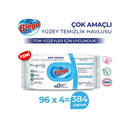 Bingo Pratik Yüzey Temizlik Havlusu Beyaz Sabun 4 x 96'lı