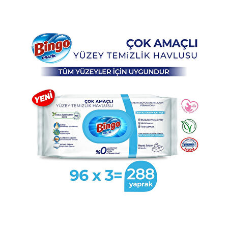Bingo Beyaz Sabun Katkılı Pratik Yüzey Temizlik Havlusu 3 x 96'lı