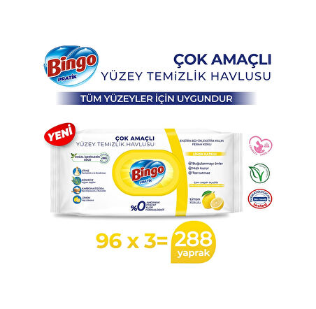 Bingo Limon Kokulu Pratik Yüzey Temizlik Havlusu 3 x 96'lı