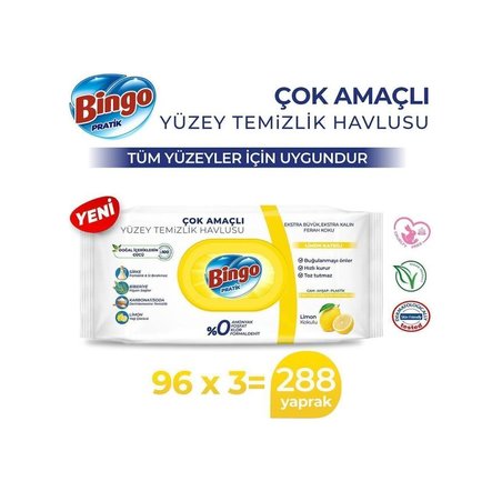 Bingo Pratik Yüzey Temizlik Havlusu Limon Kokulu 3 x 96'lı