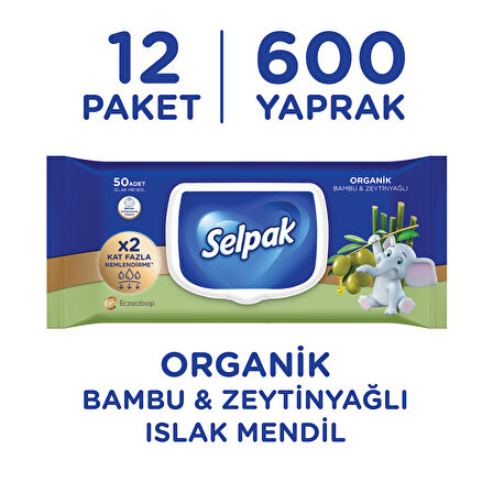 Selpak Organik Bambu Özlü&Organik Zeytinyağlı Islak Mendil 12'li