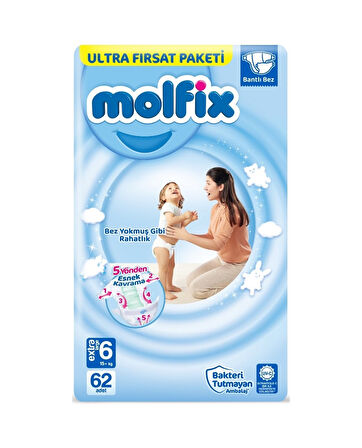 Molfix Bebek Bezi 6 Numara Xlarge Aylık Ultra Fırsat Paketi 186 Adet 3'lü