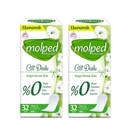 Molped Günlük Ped Pure Soft Cilt Dostu Ince 32 Li X 2 Paket Toplam 64 Adet 