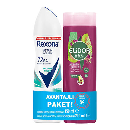 Rexona Shower Fresh Deodorant 150 Ml + Elidor Avokado & Üzüm Çekirdeği Yağı Şampuan 200 Ml