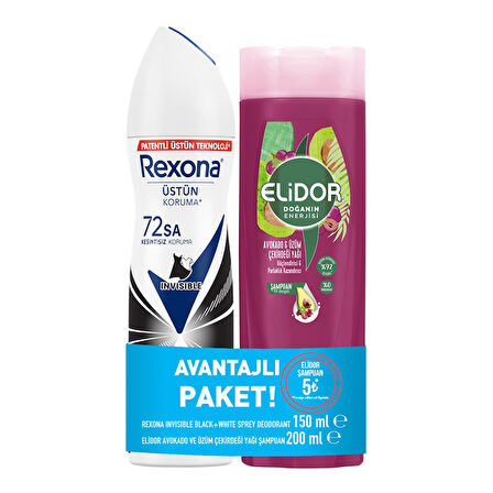Rexona Invisible Black & White Deodorant 200 Ml + Elidor Avokado & Üzüm Çekirdeği Yağı Şampuan 200 Ml
