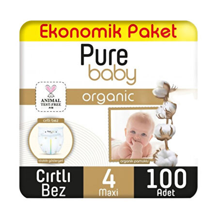 Pure Baby Bebek Bezi Organik Pamuklu Cırtlı 4 No Maxi 7-16 Kg 100'lü