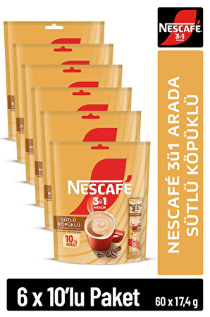 Nescafe Nescafé 3ü1 Arada Sütlü Köpüklü Çözünebilir Kahve 17,4g 10'lu paket 10X6