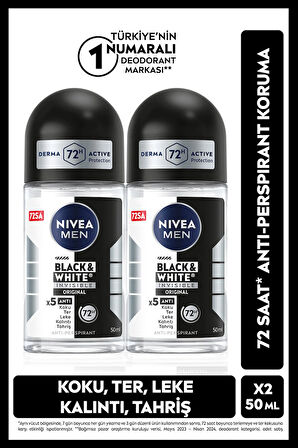 NIVEA MEN Erkek Roll-on Deodorant Black&white Invisible Original 50ml, 72 Saat Anti-perspirant, X2 Adet