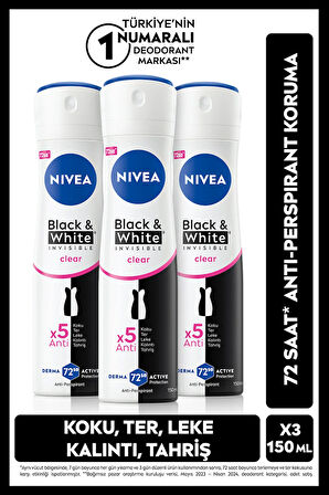 NIVEA Kadın Sprey Deodorant Black&White Invisible Clear 150mL,72 Saar Ant Perspirant Koruma, X3 Adet