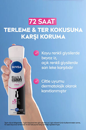 NIVEA Kadın Sprey Deodorant Black&white Clear 150ml, 72 Saat Anti-perspirant Ter Koruması, X2 Adet