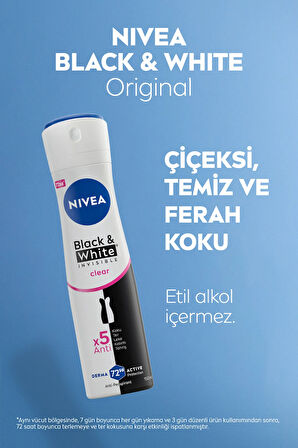 NIVEA Kadın Sprey Deodorant Black&white Clear 150ml, 72 Saat Anti-perspirant Ter Koruması, X2 Adet
