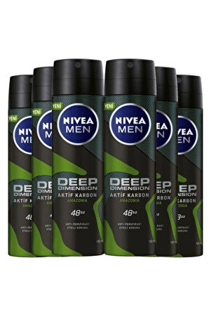 NIVEA Deep Dimension Aktif Karbon Amazonia Erkek Sprey Deodorant 150 ml X 6 Adet Avantajlı Paket