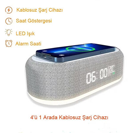 Kablosuz Şarjlı Dijital Çalar Saat ve Gece Lambası 4'ü 1 Arada