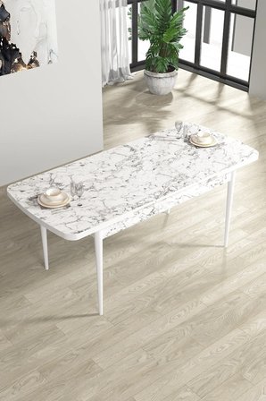 Iza Serisi, 80x132 Açılabilir Mdf Yemek Masası, Beyaz Mermer Desen Mutfak Masası