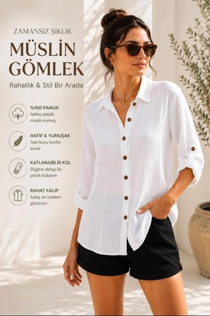 Kadın Beyaz %100 Pamuk Müslin Gömlek Oversize Rahat Kalıp Uzun Kollu Yazlık Gömlek