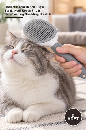 5 Adet Evcil Hayvan Tüy Tarağı – Otomatik Temizlenen Tuşlu Tarak, Kedi Köpek Fırçası, Self-Cleaning Shedding Brush Gri