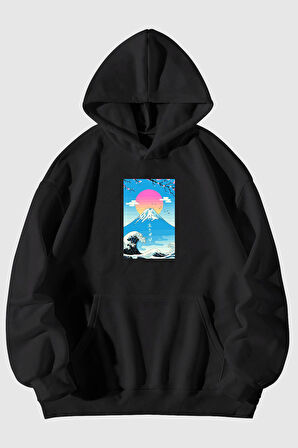 Ikikagi Baskılı Unisex Siyah Kanguru Cepli Kapüşonlu Sweatshirt Hoodie | L