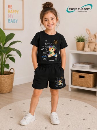 Yazlık I'm Here Love Funny Ayıcık Baskılı Kız Erkek Çocuk Siyah Şort, Siyah T-Shirt Takım