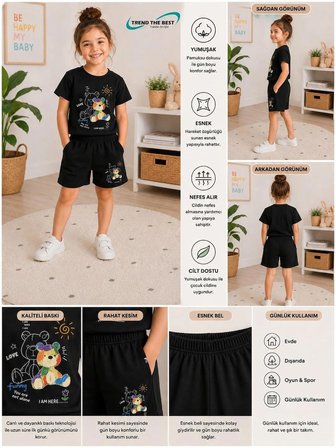 Yazlık I'm Here Love Funny Ayıcık Baskılı Kız Erkek Çocuk Siyah Şort, Siyah T-Shirt Takım