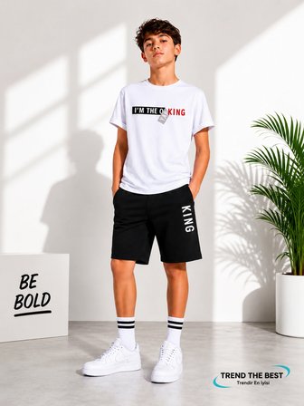 Yazlık I'm The King Baskılı Erkek Çocuk Siyah Şort, Beyaz T-Shirt Takım