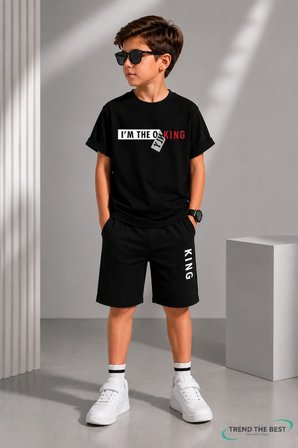 Yazlık I'm The King Baskılı Erkek Çocuk Siyah Şort, Siyah T-Shirt Takım
