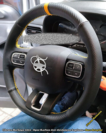 Citroen Berlingo 2021 Araca Özel Deri Direksiyon Kılıfı (Noktalı Karbon Yüzüklü)