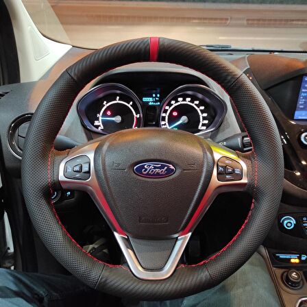 Ford Courier Uyumlu Direksiyon Kılıfı (Noktalı Karbon Kırmızı Yüzüklü)