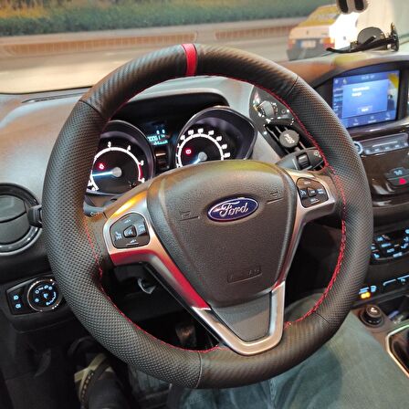 Ford Courier Uyumlu Direksiyon Kılıfı (Noktalı Karbon Kırmızı Yüzüklü)