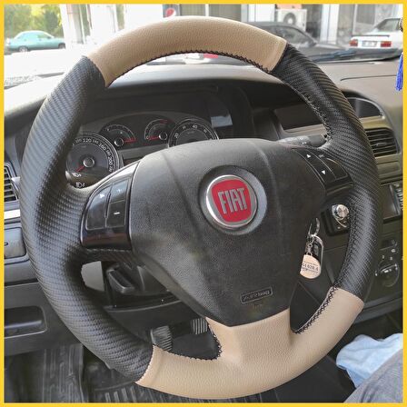 Fiat Linea Tuşlu Araca Özel Direksiyon Kılıfı (Karbon Krem)