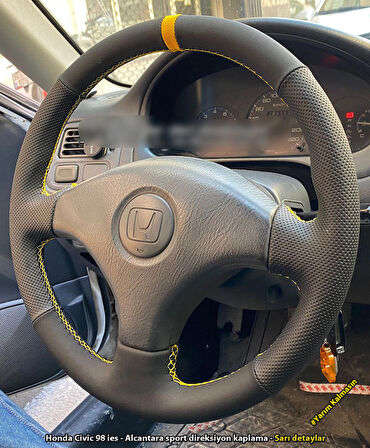 Honda Civic 98-2002 ies kasa Araca Özel Direksiyon Kılıfı (Alcantra Noktalı Sarı Dikişli)