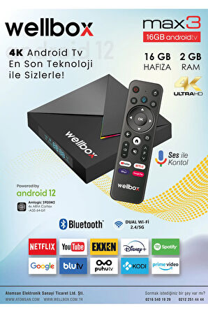 WELLBOX MAX3 Android TV BOX Wi-Fi Bluetooth HDMI Hafızalı Uydu Alıcısı