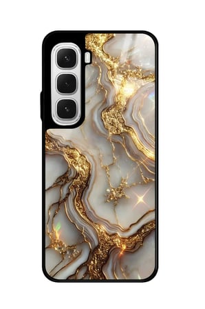 Infinix Hot 60 Uyumlu Beyaz&Altın Mermer Tasarımlı Parlak Silikon Kılıf