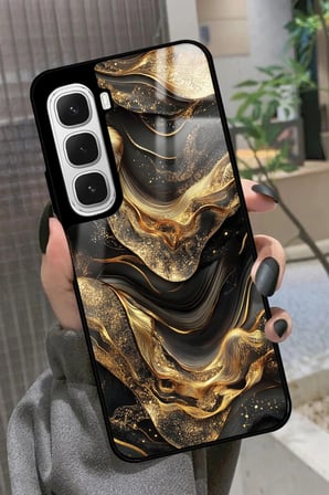 Infinix Hot 60 Uyumlu Siyah&Altın Mermer Tasarımlı Parlak Silikon Kılıf