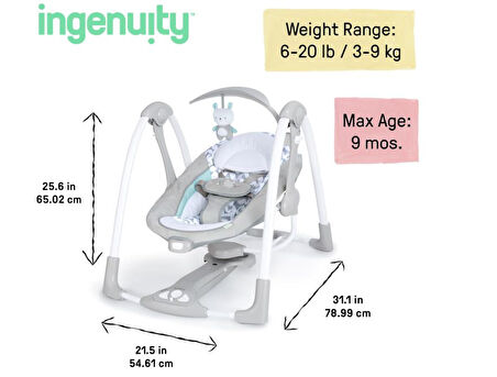 Ingenuity ConvertMe 2'si 1 Arada Kompakt Taşınabilir Bebek Salıncağı ve Bebek Koltuğu, Akülü Titreşimler, Otomatik Sallanma, Doğa Sesleri - 9 kg'a kadar