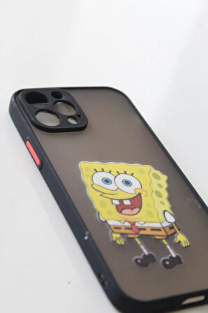 İPhone 12 Pro Uyumlu Kamera Korumalı SüngerBob Kılıf Özel Tasarım Tuşları Renkli Hux Kapak
