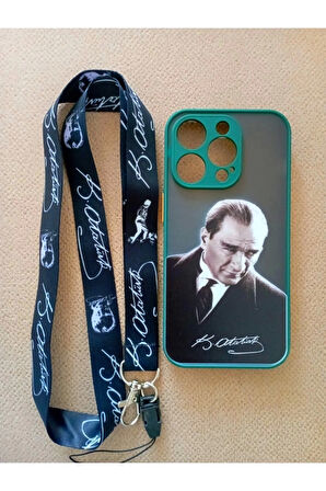 İPhone 14 Pro Uyumlu Mustafa Kemal Atatürk Telefon Boyun Askılı Set Kılıf