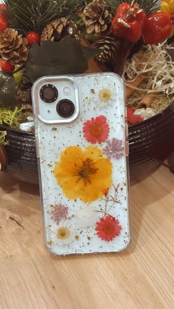 İphone 13/14 uyumlu Gerçek Kurutulmuş Çiçek Dizayn Krom Çerçeveli Şeffaf Telefon Kılıfı